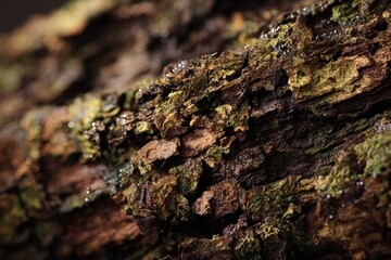 Close up of textured wet bark covered in moss and small water droplets
