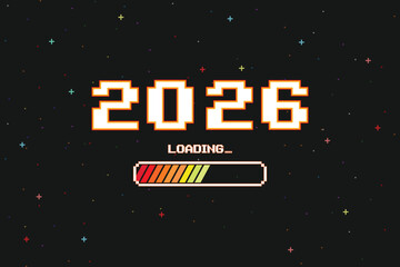LOADING 2026. pixel art. 8 bit. Retro Futurism Sci-Fi Background. glowing neon grid and star from vintage arcade computer games