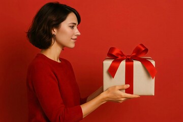 Side view of woman in red sweater holding wrapped gift box with red ribbon on monochrome red background, festive minimalist photo