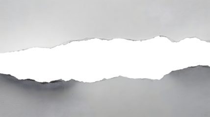 A rough torn edge of white paper revealing a dark black void or space isolated on transparent background