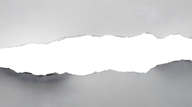 A rough torn edge of white paper revealing a dark black void or space isolated on transparent background