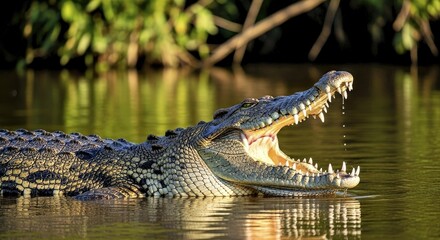 Obraz premium A crocodile yawning in a river, teeth visible (