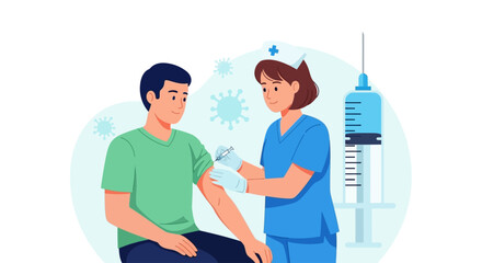 Nurse administering vaccine injection to patient for illness prevention and health protection during clinic visit, promoting safety and wellness campaigns