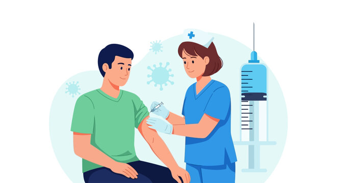 Nurse administering vaccine injection to patient for illness prevention and health protection during clinic visit, promoting safety and wellness campaigns