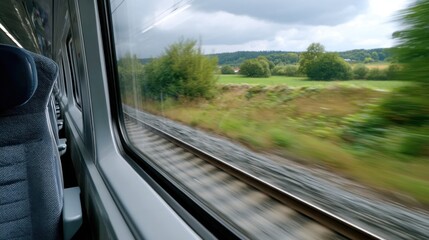 A view from the window of a high-speed train of a rapidly passing rural landscape. A sense of movement, travel, speed, and comfort.