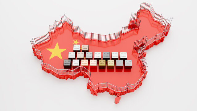 The 17 rare earth elements as cubes with their atomic numbers, symbol and names on the map of China with a fence around (export restrictions). Scandium Yttrium Neodym Lanthan Terbium Lutetium Holmium
