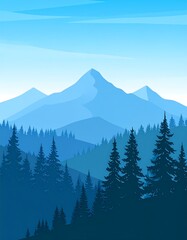 Serene illustration of a mountain range with layers of blue tones, lush evergreen trees, and a clear, light blue sky