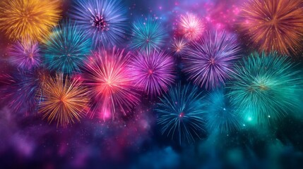 In a dazzling display, bursts of colorful fireworks illuminate the night sky, creating a festive atmosphere filled with joy. People gather below, captivated by the beauty