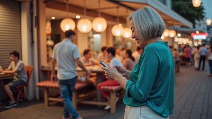 Woman with short gray hair is using smartphone while standing outside lively restaurant. background features people dining and warm lighting from