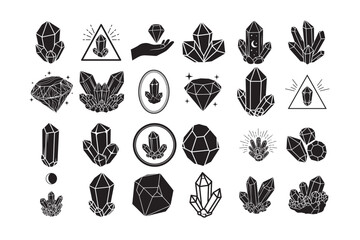 “24 Crystal Silhouette Vector Bundle. Black Boho Spiritual Clipart.
