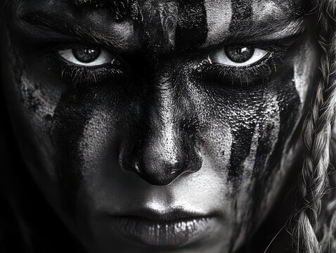 Intense gaze of a warrior adorned with striking black war paint, embodying strength, resilience, and primal power in a dramatic close-up portrait.