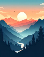 Serene illustration showcasing layered mountain silhouettes under a vibrant sunset sky, with a winding river. Trees frame the scene
