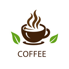 Steaming Coffee Cup Logo with Green Leaves