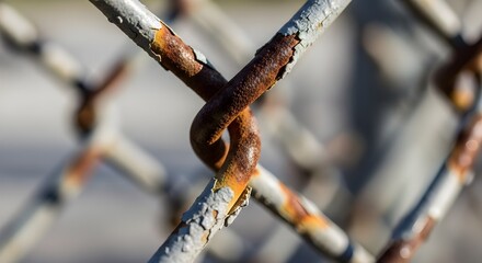 Close-up of a weathered and rusty chain link fence, showing texture and decay against a blurred background.
