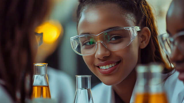 A Black scientist wearing safety glasses - Powered by Adobe