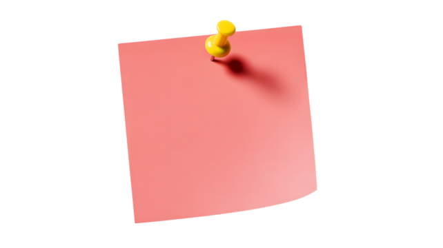 A single pink sticky note with a yellow pushpin attached casting a shadow isolated on transparent background