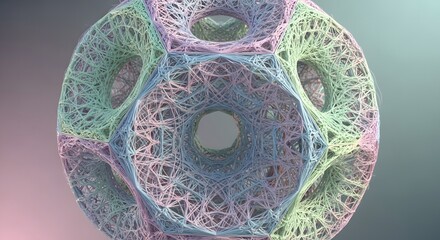 Intricate Geometric Fractal Design with Interwoven Threads in Pastel Hues