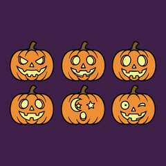 Fototapeta premium Cute Halloween Pumpkin Faces Vector Set with Funny and Scary Jack O Lantern Expressions on Purple Background, Perfect for Holiday Decoration, Greeting Cards, and Party Design Elements.