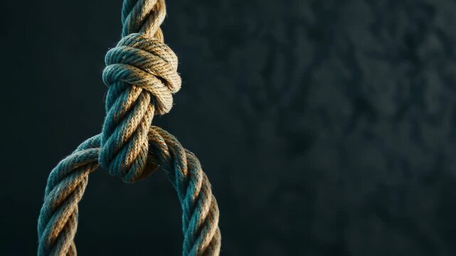 Close up of a hanging rope noose against a dark textured background symbolizing despair danger and emotional struggle with dramatic lighting and somber mood