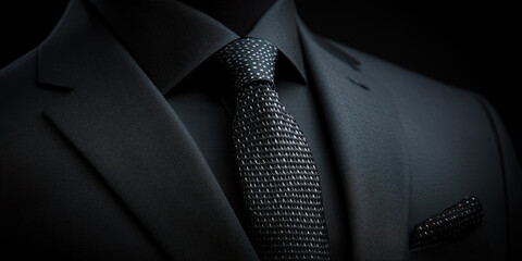 Impeccably tailored dark suit with a textured black tie and pocket square exudes sophisticated style perfect for formal events and business success.