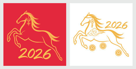 Fototapeta premium Golden line-art horse 2026 lunar new year set, leaping zodiac with lucky coin and cloud motifs on red and white backgrounds for festive cards, prints, stickers and elegant branding.