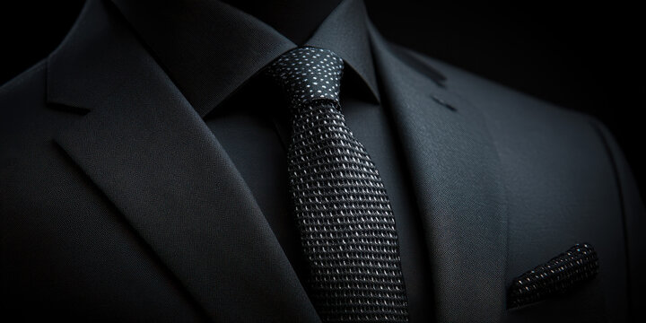Impeccably tailored dark suit with a textured black tie and pocket square exudes sophisticated style perfect for formal events and business success.