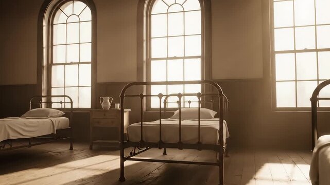 Interior with iron beds, three arched windows, a bedside table, and wooden floors. Soft light floods the space