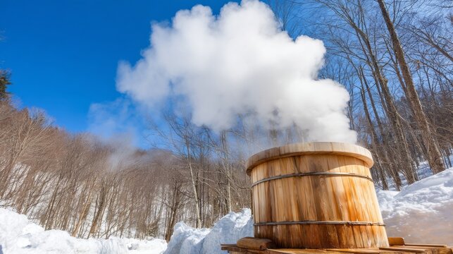 Warm steam billows from a rustic wooden hot spring, contrasting with the bright blue sky and snow-covered landscape. The serene atmosphere invites relaxation amidst nature's beauty - Powered by Adobe
