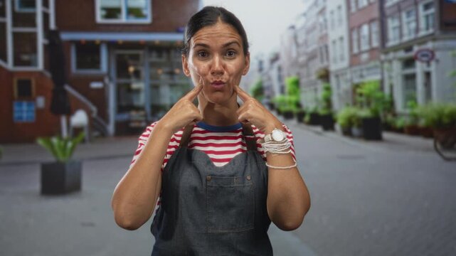 Woman in apron and striped shirt points index fingers to cheeks on a city street, puckering lips and closing eyes; playful.