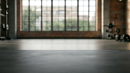 Minimalist fitness space featuring concrete floor, large windows, and gym equipment in soft focus. A modern industrial backdrop for wellness activities.
