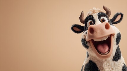 A happy cartoon cow with a wide smile and expressive eyes.