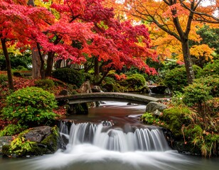 Serene Japanese garden scene in autumn, featuring a small bridge over a flowing stream, vibrant red maples