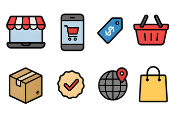 A collection of shopping icons illustrating various aspects of online retail for the concept of e-commerce and retail.