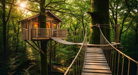 A wooden tree house along with a wooden bridge.