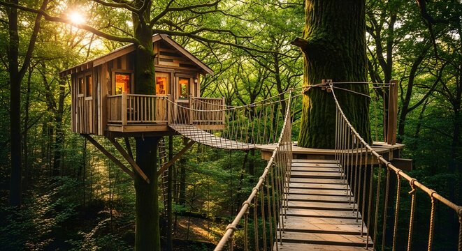 A wooden tree house along with a wooden bridge.