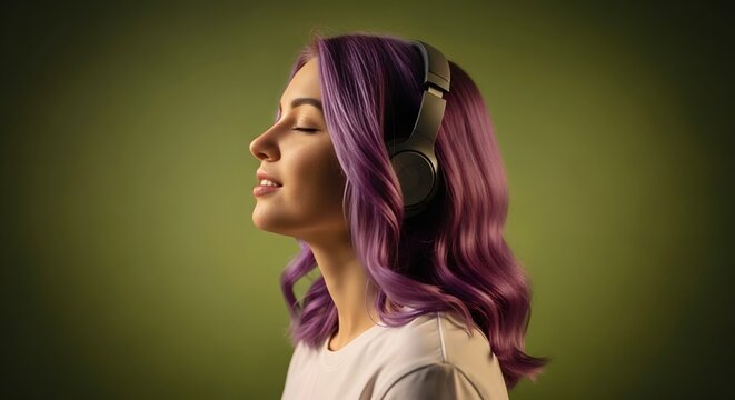 A young woman with purple hair listening to music wearing headphones. - Powered by Adobe