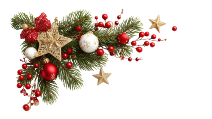 A corner decoration of pine branches with red berries and festive ornaments for Christmas holiday isolated on white background
