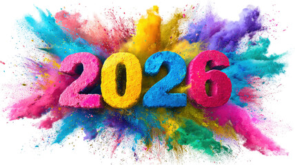 3D text 2026 surrounded by colorful explosion of bright powder particles festive new year celebration isolated on white background