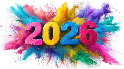 3D text 2026 surrounded by colorful explosion of bright powder particles festive new year celebration isolated on white background
