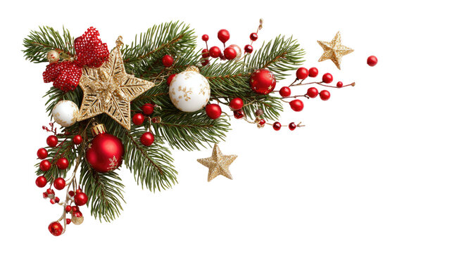 A corner decoration of pine branches with red berries and festive ornaments for Christmas holiday isolated on white background
