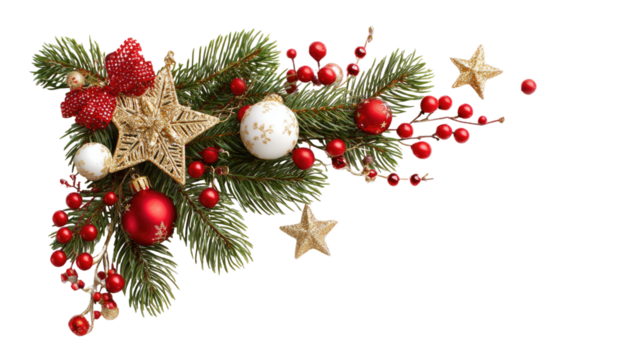 A corner decoration of pine branches with red berries and festive ornaments for Christmas holiday isolated on white background