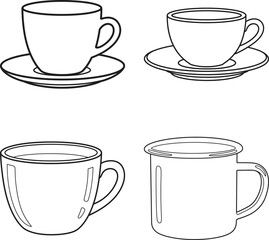 Set of four coffee tea cups | line art illustration for simple coloring book