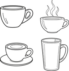 Obraz premium Set of four coffee cups and mugs | line art illustration for simple coloring book