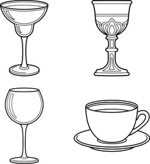 Various drinkware set artistic line drawing | line art illustration for simple coloring book