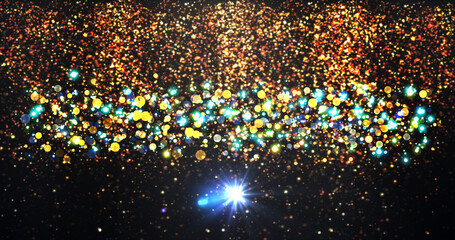 Naklejka premium Award music show bg, announcing winners and nominees. Elegant classy glittering particles slowly fall dust with gold animated fairy dust camera shutter clicks flashes. Paparazzi capturing moment