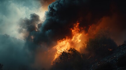 Fototapeta premium Intense wildfire engulfs dry foliage with thick, dark smoke.