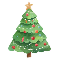 Decorated christmas tree with ornaments. Watercolor holiday illustration. Festive xmas celebration