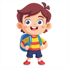 Obraz premium Cheerful little boy with a backpack isolated on white background, ready for school, smiling with happiness and excitement for a new day of learning and fun