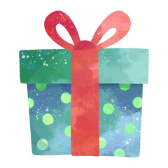 Wrapped gift with ribbon. Watercolor holiday illustration. Festive Christmas and cozy winter scene.