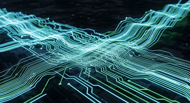 Abstract neon circuit lines create a digital cyber flow in this futuristic 4K perspective view